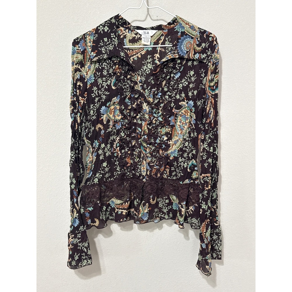 S.L.B. Paisley Ruffle Blouse Womens Large Brown Boho Whimsygoth Lace Trim Y2K
